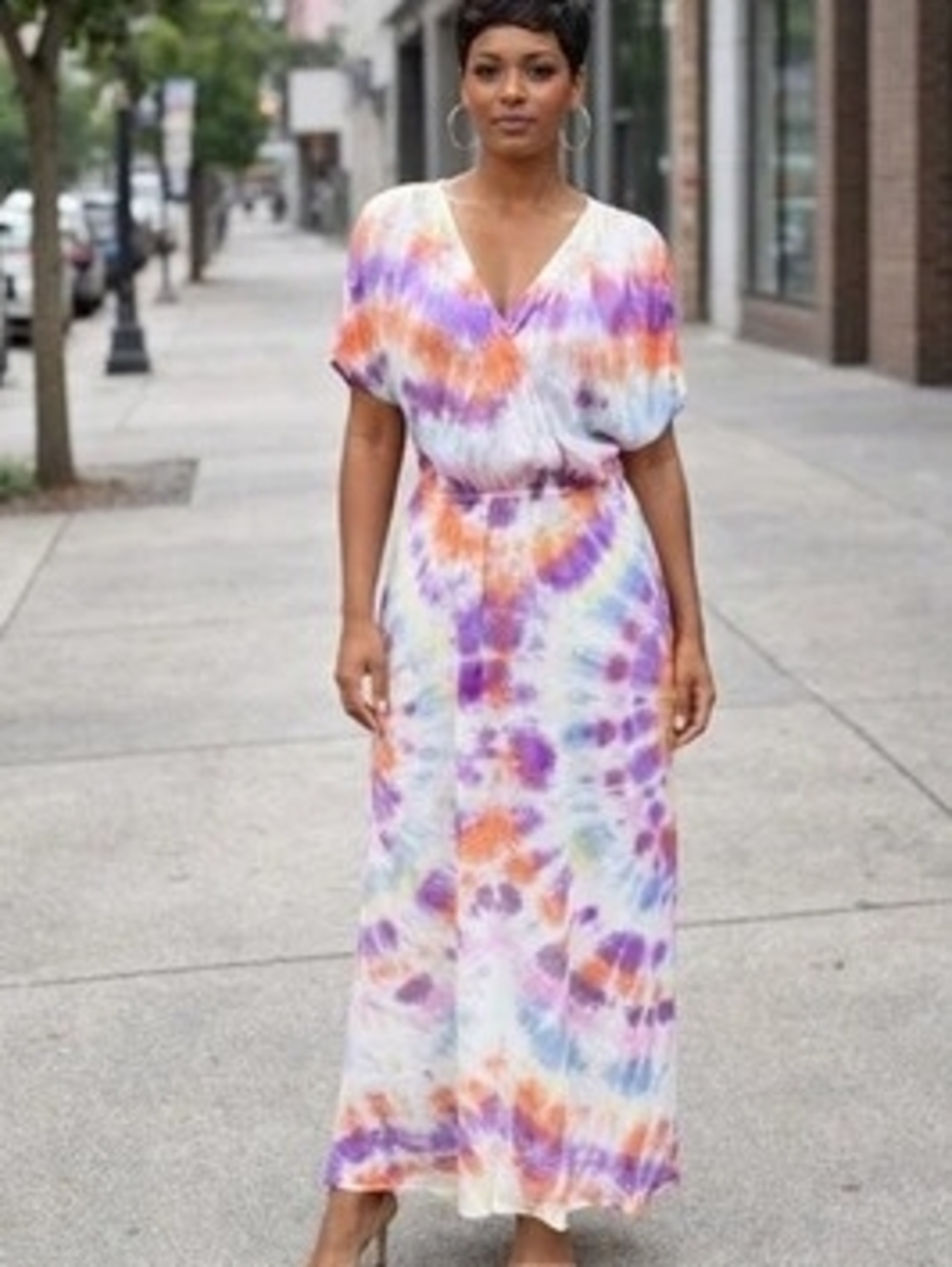 V-Neck Tie-Dye Maxi Dress in Purple & Orange
